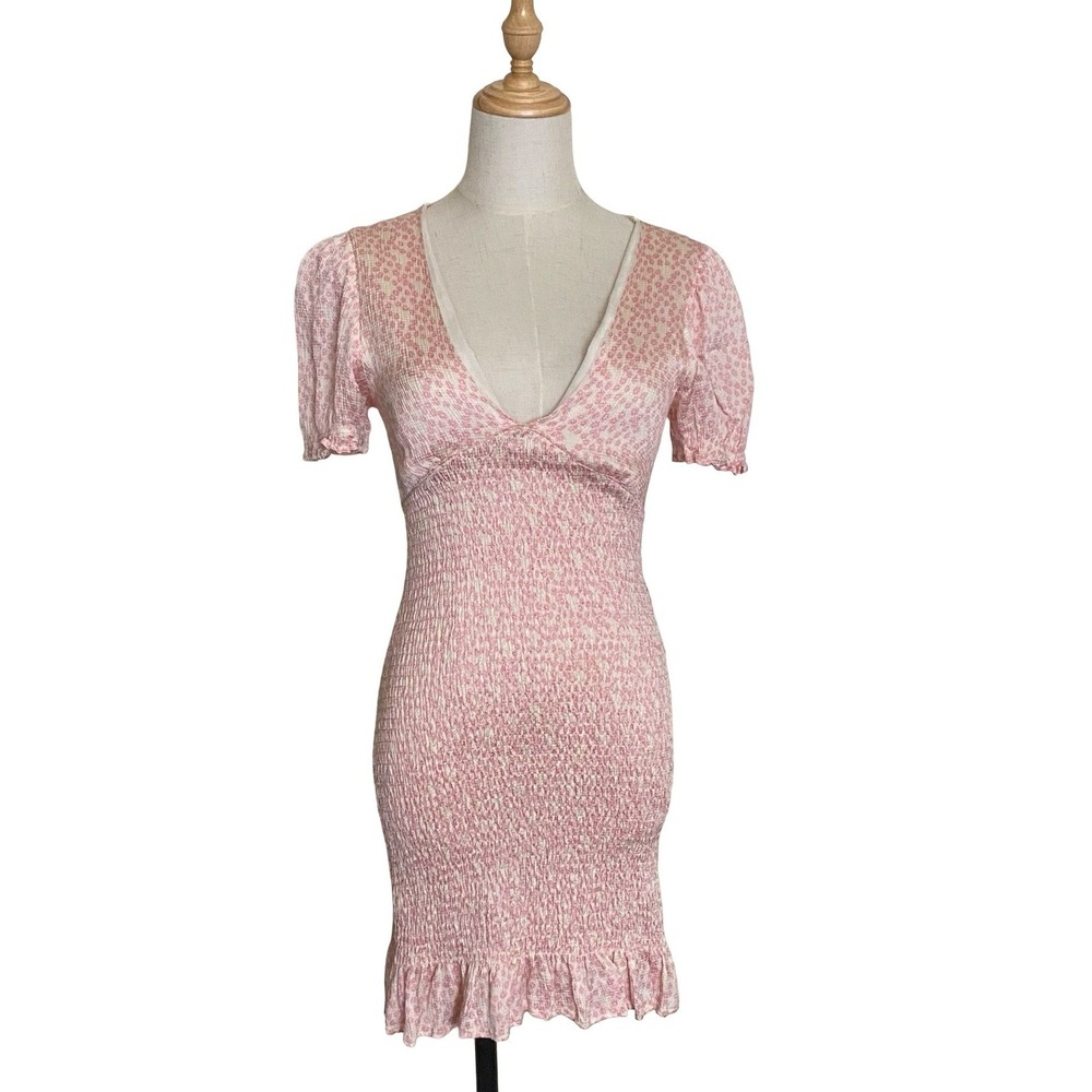 Zara Pink Floral Mini‎ Dress Smocked V Neck Puff Sleeve Bodycon S
